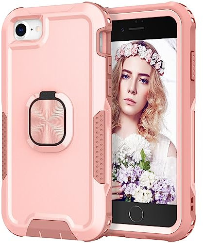 Knoowcase for iPhone SE 2020 Case iPhone 8 Shockproof SE 2022 Phone Case iPhone 7 Ring Military Grade Full Protective TPU Bumper Hard PC Back Cover Built-in Magnetic Kickstand Car Mount Case, Pink