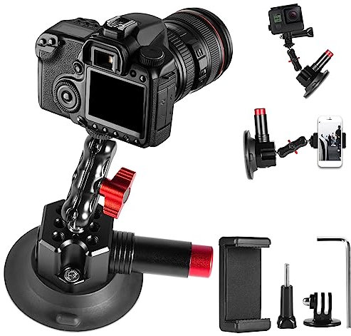 FAEFTY Kamera Auto Saugnapf Halterung, Camera Suction Cup Mount mit 360¡ã Doppelkopf Magic Arm und Schnellspanner Vakuum, Saugnapfhalterung mit 1/4 3/8 Schrauben und Telefonhalterung