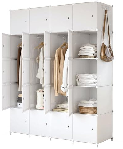 JOISCOPE Portable Wardrobe for Bedroom Storage Organizer Closet with Clothes Hanging Rail, Deeper Cube Combination Armoire Modular Cabinet for Clothes Shoes Toys, White (20-cube)
