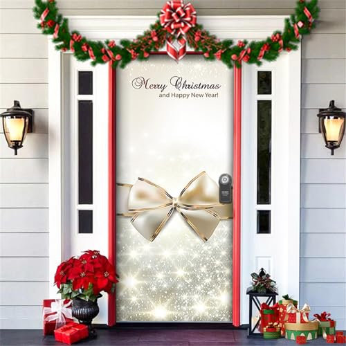 Chickwin Decorazione Copriporta di Natale Oro - Copertura della Porta Babbo Natale, Banner Appendere, Sfondo Fotografico per Festa, 90x200cm (Bianco Splendente)