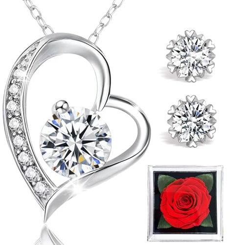 Ewige Echte Rose, Kette Damen mit Anhänger Herzkette Schmuck Ohrringe Silber 925 Geschenke für Geschenke Damen mit Valentinstag Muttertag Weihnachtsfeiertag Frauen Oma Ehefrau Jahrestag Geburtstag