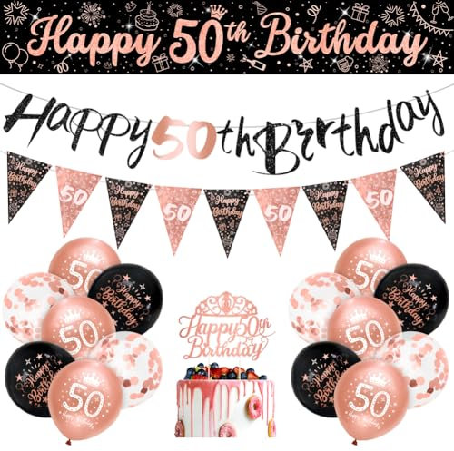 Womens 50th Birthday Decorations Black Rose Gold 50th Birthday Party Decorations Banner Bunting Kit 16 Pack Women by Sheinly