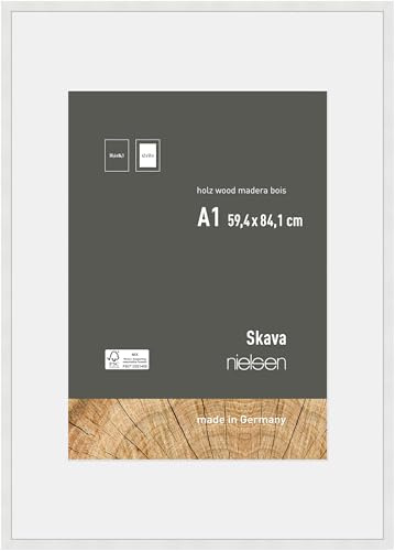 nielsen Holz Bilderrahmen Skava, 59,4 x 84,1 cm (A1), Weiß | Holz Posterrahmen mit Passepartout im Hoch- & Querformat zum Aufhängen Weiß matt Echtglas