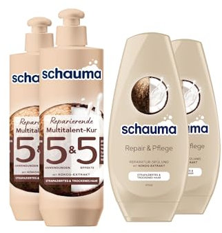 Schauma 5&5 Reparierende Multitalent-Kur (2x300 ml) Haarmaske Haarkur Splissversiegelung & Schwarzkopf Spülung Repair & Pflege (2x250 ml) Kokos-Extrakt pflegt bessere Kämmbarkeit