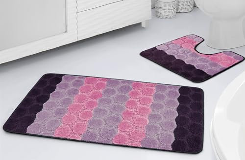 La Maison Bathroom Rug Set 2 Piece Hex Stripe Ombre Non Slip Bath Mat and Pedestal Mat Set Quick Dry Shower Bath Super Soft Toilet Mat Set (Pink)