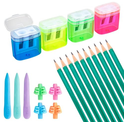 XCRPRT Anspitzer mit Deckel und 10 Grün Bleistifte, Bunter Doppelloch Bleistiftspitzer, Manuelle Bleistiftspitzer, Anspitzer Kinder mit 3 Radiergummi, 4 Bleistiftgriffe für Schulbüro Haushaltswaren