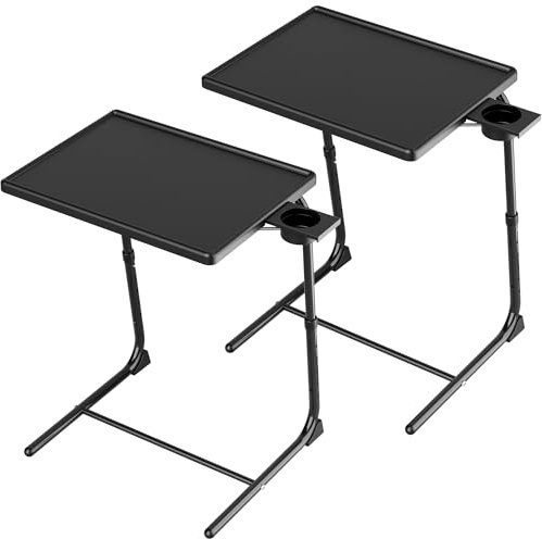 Allpop TV Tablett Tisch, TV Dinner Tablett zum Essen 2er Set, Verstellbarer Klappbarer Laptoptisch mit 6 Höhen & 3 Neigungswinkeln, Getränkehalter auf Couch & Bett, Schwarz