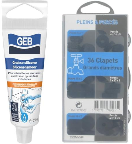 GEB 3283985155195 Graisse Silicone de Contact spécial Eau Potable pour lubrifier la robinetterie & COMAP Coffret de 36 grands clapets pleins et percés pour l'étanchéité - Grands diamètres - S279503