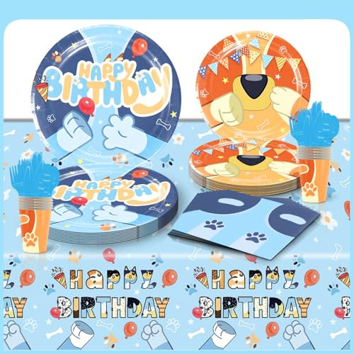 LIUYALA 81 PCS Dog Themed Party Tableware Set, Decorative Tablecloth And Tableware Set, Suitable For Children's Birthday Parties