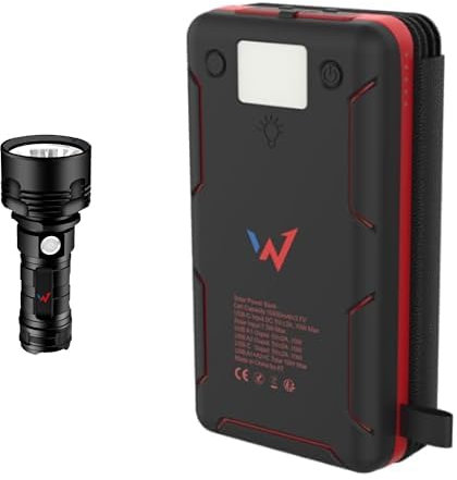 W WONDER FULL ENERGY - Pack 1 Lampe torche ultra puissante 1500 lumens, IP44 + 1 Batterie externe solaire 10 000mAh, 2 Port USB-A & 1 Port USB-C