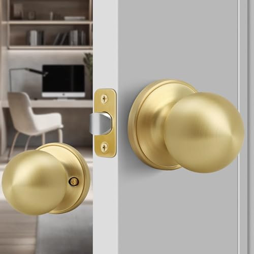 Gaurqiah Non-Locking Passage Door Knob, Ball Design Doorknob for Interior, Reversible Round Door Lock for Closets Hallways, Satin Brass