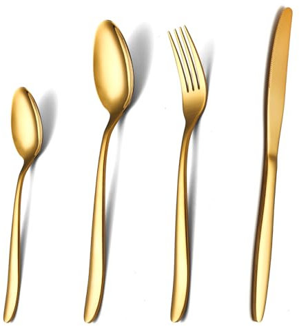 Juego de Cubiertos Dorados de Acero Inoxidable para 6 Personas, 24 Piezas Cuchillo Tenedor y Cuchara, Ideal para Mesa y Comedor Familiar