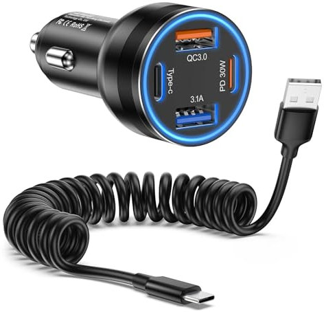 Zigarettenanzünder USB, Avatcen 65W 4 Port USB C Auto Ladegerät, QC & PD3.0 KFZ USB Ladeadapter DC12-24V mit 1.5 M USB C Spiralkabel für iPhone 16 15 14 13 Series, Galaxy S24 S23 S22 Tablet(A-C Cable)