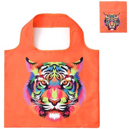 Lin’s Liliana große Einkauftasche faltbar 50x40cm, Handtasche mit Tierdruck, wiederverwendbar reißfest Einkauftasche handlich leicht Tasche für Einkauf Reise Ausflug (Orange Tiger)