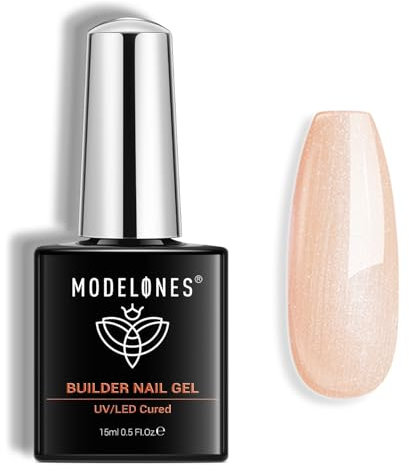 Modelones Nail Builder Gel, Gold Sparkle Glitter Builder for Nails, Hard Gel Nail Strengthener Extension Rhinestone False Nail Tips Glue Gel in a Bottle 15ML