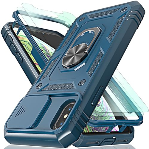 HpulaCase for iphone Xs Max Case with Camera Cover Slider, 2*Screen Protectors,Build in 360°Rotating Ring Kickstand, Military Grade Protective Case for iphone Xs Max-Blue