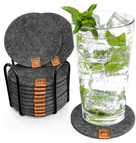 Miqio® Design Filz Glasuntersetzer rund | 12-er Set + Halter | Nachhaltige Oekotex Untersetzer für Getränke, Kerzen, Tassen, Bar, Gläser | Tisch Deko | dunkelgrau