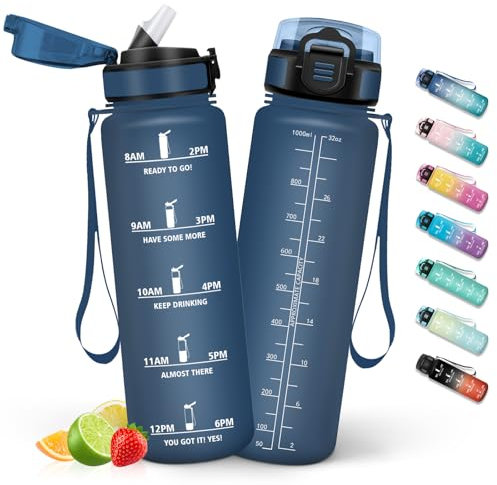 HoneyHolly Gourde 1L, Gourde avec Paille, Bouteille Adaptée aux Boissons Gazeuses, Gourde Paille Adulte, Gourde Sport avec Marquage du Temps, Étanche et sans BPA, Bouteille d'eau pour Sport, Bureau