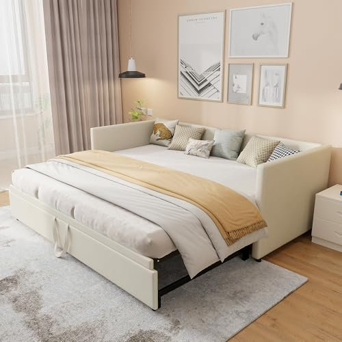 Xnferty Polsterbett Ausziehbares Schlafsofa 90/180 x 200 cm, Tagesbett mit Gästebett, Ausziehbett Gleiche Höhe, Bett Ausziehbar zum Doppelbett, Schlafsofa für Erwachsene 2 Personen (Beige)
