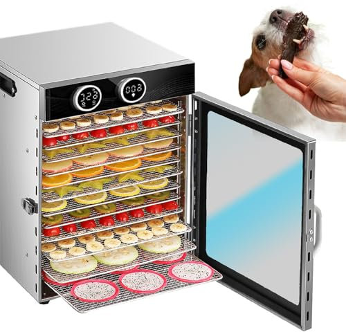 agreilduite Essiccatore Alimentare Commerciale, 1200 W, Controllo della Temperatura 30-90 °C, Timer 24 Ore, con 12 vassoi, 12 Fogli essiccanti, 2 vaschette raccogli-Gocce, per Carne secca/Frutta