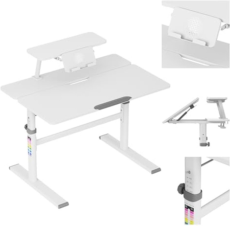 MARK ADLER Study 3.7 Kinderschreibtisch höhenverstellbar - 90x60 cm | Für Kinder ab 6 Jahren · Höhenbereich 55–75 cm · Neigbare Tischplatte 40° · Mit Buchstütze und Ablage · Grau