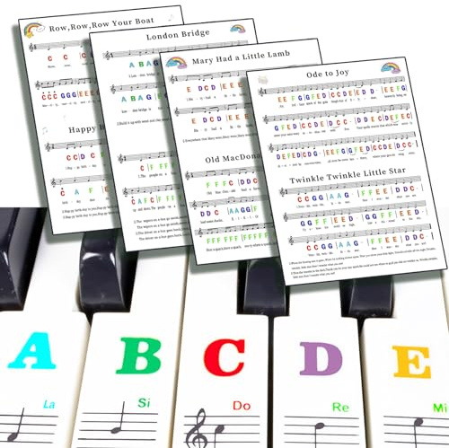 Piano Keyboard Stickers for 88/61/54/49/37 Key, with Piano Sheet Music,Large Letter Piano Key Stickers for Learning, Removable Notes Label for Beginners and Kids,Multicolor