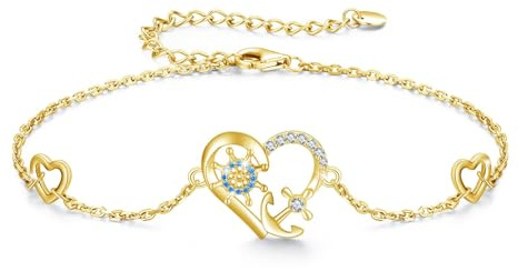 OHAYOO Ankare armband 925 sterlingsilver förgyllt kvinnor ankare hjärta roder armband 17,5 + 5 cm maritimt smycke present för kvinnor