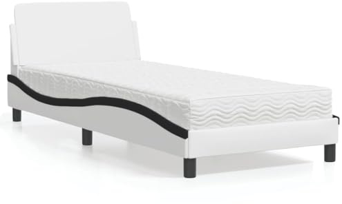 QJBSAVVA Bett mit Matratze Dover 80x200 cm Kunstleder Weiß Schwarz Modernes Wellen-Kopfteil Doppelhärte H2 H3 Schlafsofa für Jugendzimmer Gästezimmer