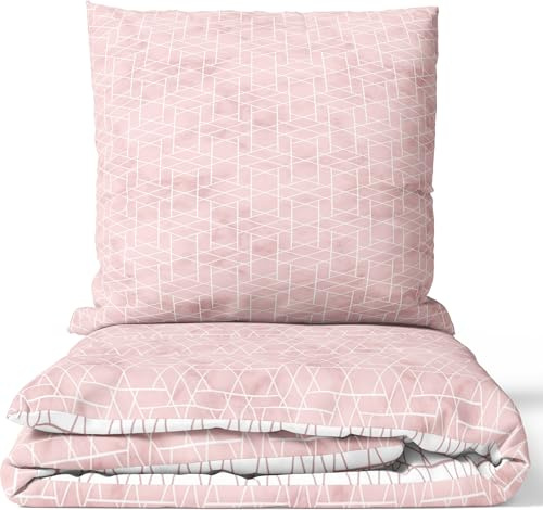 Leonado Vicenti Renforce Bettwäsche 4-teilig 155x220 cm – 100% Baumwolle, Wendebettwäsche Rosa Weiß, Rauten Design, mit Reißverschluss, Überlänge