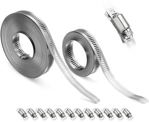 Kozelo Stainless Steel DIY 50 ft Metal Strap + 12 Fasteners Band Hose Clamp | Heavy Duty Adjustable Worm Gear Hose Clamps Assortment Kit, Metal Strapping for Radiator, Dryer, Fuel