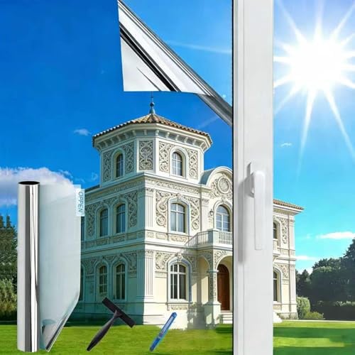 (90X200cm Silber) Fensterfolie Sonnenschutz Hitzeschutz innen oder außen | Rückstandslose Spiegelfolie Fenster Hitzeschutz | Selbstklebend UV Schutzfolie Fenster | Spiegelfolie| Sonnenschutzfolie