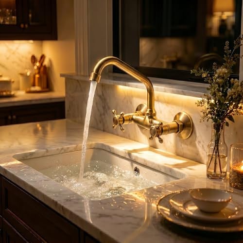 Rubinetto Cucina a Muro Ottone Antico,Miscelatore Lavello Rotazione a 360°,Rubinetto Lavandino Bagno con Manopole a Croce E Bocca Girevole, Rubinetto Cucina a Muro per Bagno Cucina Lavanderia