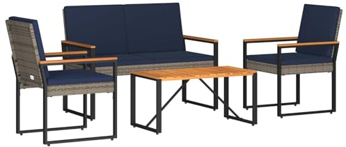 vidaXL Gartenmöbel Set 4 pcs Grau und Marineblau Poly-Rattan, Stylische, rechteckige, wetterfeste Gartenmöbel, Patio-Set, Akazienholz, perfekt für draußen
