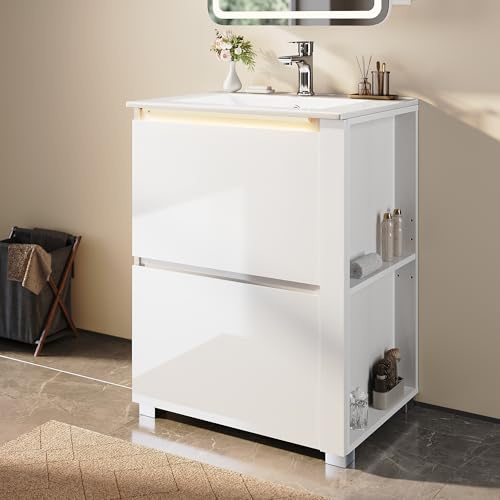 SONNI Badmöbel Set Waschbecken mit Unterschrank 60cm, Stehend mit 2 Schubladen, inkl. Keramikwaschbecken, LED-Lichtleiste, Offenem Fach, Grifflos, Hochglanz Weiß, Badezimmermöbel, 60x50x80cm.