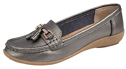 Jo & Joe Mocasines de cuero para mujer, con suela de lima, zapatos planos con borlas para mujer, gun metal, 38 EU