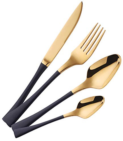 Buyer Star Couverts Noir + Or Vaisselle Acier Inoxydable Coutellerie, Couteau et Fourchette Set Luxe Haute qualité Cutlery Set
