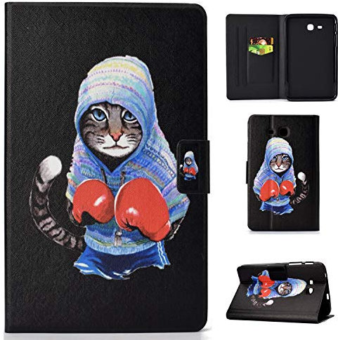 Lspcase Samsung Galaxy Tab 3 Lite 7.0 Pollice SM-T110 T111 T113 T116 Custodia in Morbida Pelle PU con Stand Carte di Credito e ID Slot Custodia Cover per Samsung Galaxy Tab 3 Lite Gatto di Boxe