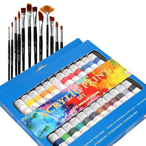 Pinturas Acrilica Sets 24 × Ricos Colores de Pigmento 15 Art Nylon Pinceles Paleta para Pintada Pintura Lona Madera Arcilla Cerámica Artesanías No tóxico Inofensivo para Niños y Adultos