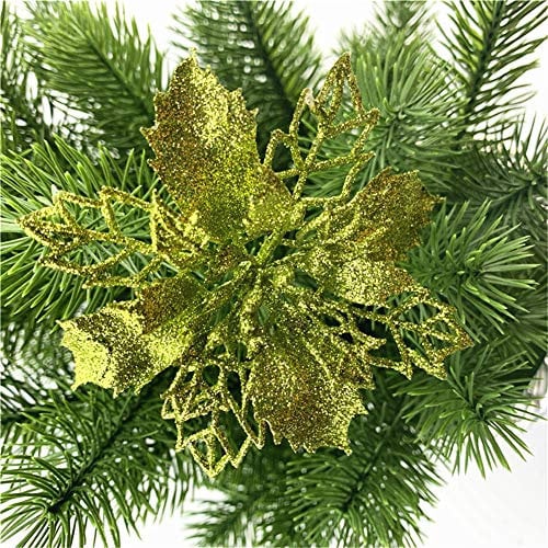 GLITZFAS 12 Stück Glitter Weihnachtsbaum Dekoration, Weihnachtsbaumschmuck Ornament Weihnachten Blumen Dekor, Christbaumanhänger (Grün,9 cm)
