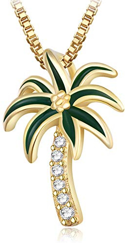 Coconut Palm Tree Charm S925 Sterling Silver Tropical Coconut Tree Pendant Necklace Zircon Clavicle Chain Women's Jewelry Accessories-gold-One size