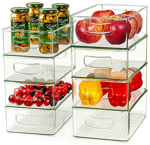 Hudgan Clear Storage Bins 8 Packs for Refrigerator, 4 Large Stackable Pantry Organizer Bins and 4 Medium Storage Plastic Containers for Home Edit, Kitchen, Freezer, Bathroom, Drawers, Shelves