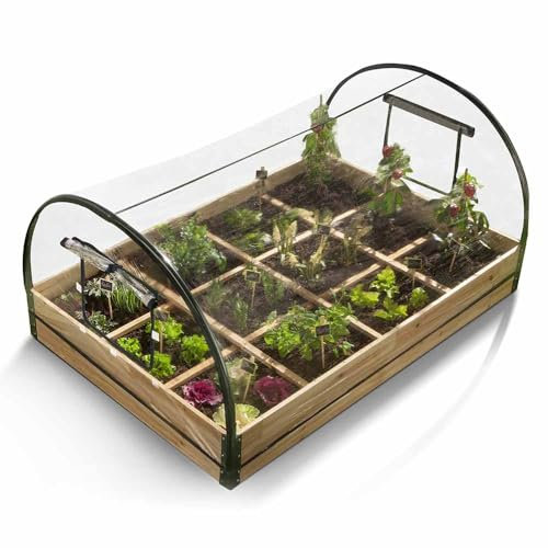 TERRE JARDIN Huerto Cuadrado con Invernadero Integrado | 12 Compartimentos | Estructura metálica y Base de Madera | Lona incluida