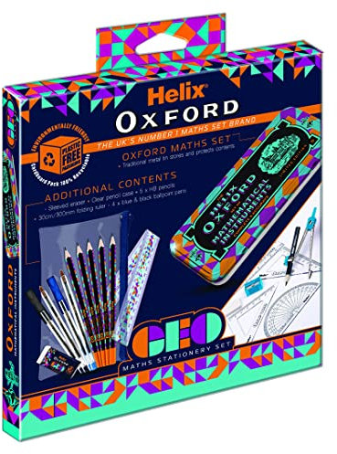 Helix Oxford Geo Komplettes Mathematik- und Schreibwaren-Set – Oxford Mathematik-Set, 30 cm Zoll-Lineal, Kugelschreiber, Radiergummi, Prüfungsfertig, transparentes Federmäppchen, Bleistifte –