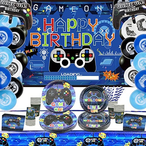 Ywediim Forniture Per Feste Per Videogiochi Set, Inclusi Happy Birthday Fondale da Gioco, Piatti, Tazze, Palloncini ,Tovaglie,Cannucce, per Ragazzi Compleanno Favors Party Decorazione Per (Serves 20 )