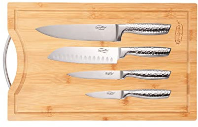 SAN IGNACIO Origen | Set de 4 Cuchillos de Cocina y Tabla de Cortar de Bambú | Cuchillos Fabricados en Acero Inoxidable | Juego de Cocina | Tabla de 40 x 25 cm