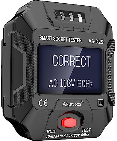 Aicevoos Tester per Prese con Test RCD e Display LCD, 6 tipi di Diagnosi dei Guasti, Visualizzazione di Tensione e Frequenza, 90-250V/45-65Hz, Nero