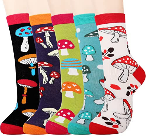 Jeasona 5 Pairs Mushroom Socks Women 4-7 Cotton Mushroom Gifts for Women Mushroom Themed Gifts Cute Mushroom Gifts for Girls Kids Teens