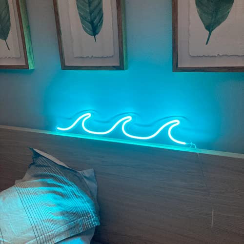 Wave Neon Signs Light Blue LED Night Lights With Dimmable Switch For Kids Wall Decor USB Powered For Living Room Bar Bedroom Gift(11.8 * 3.9)