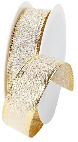 Goldenes Geschenkband mit Drahtkante 25 mm x 20 m Stoffband aus Polyester Deko Glitzer Metalleffekt