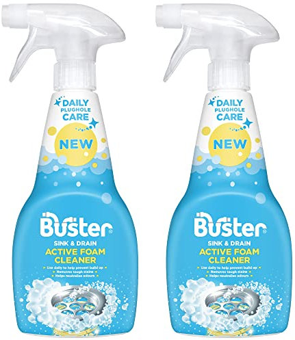 Buster Active Foam Sink & Drain Cleaner 500ml x 2 - Sink Cleaner to Remove Limescale & Stains - Daily Plughole Foam Cleaner & Odour Eliminator – Foam Cleaner for Sinks, Showers, Drains and Plugs